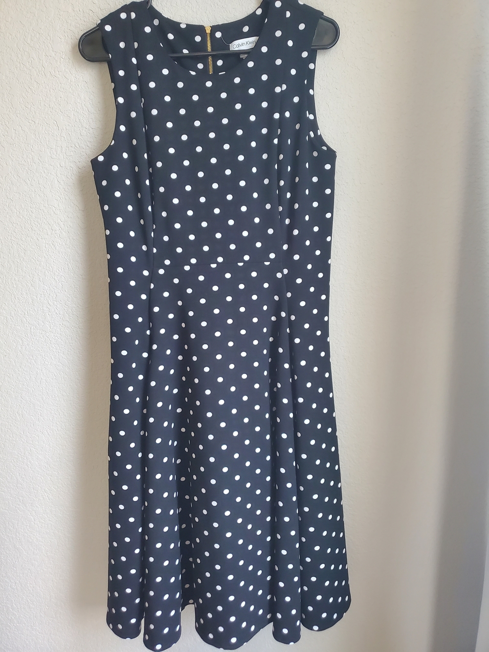 Calvin Klein Navy and White Polka Dot Sleeveless Dress